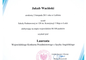 Laureat Wojewódzkiego Konkursu Przedmiotowego z Języka Angielskiego