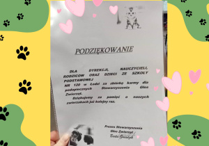 podziękowanie od Stowarzyszenia Głos Zwierząt za przekazaną karmę