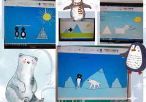 prace dzieci z klasy pierwszej wykonane w programie Paint - Arktyka i Antarktyda