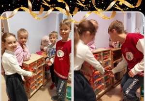 dzieci uroczyście przecinają wstęgę na szafce z klockami pozyskanymi dzięki udziałowi w akcji szkoły pełne talentów