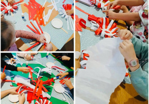 dzieci wykonują pracę plastyczną - kwiat w barwach narodowych