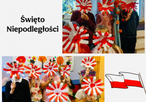 dzieci prezentują pracę plastyczną - kwiat w barwach narodowych