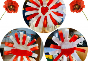 dzieci prezentują pracę plastyczną - kwiat w barwach narodowych