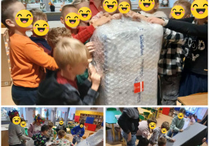 dzieci odpakowują przesyłkę - siedzisko tapicerowane