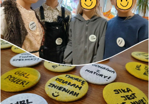 UUczniowe prezentujący przypinki z motywacyjnymi hasłami