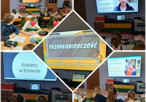 Uczniowie oglądający materiały multimedialne na temat przedsiębiorczości