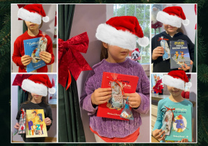 dzieci prezentują wylosowane książki i wykonane zakładki