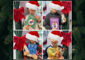 dzieci prezentują wylosowane książki i wykonane zakładki