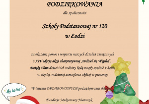 Podziękowanie za udział w akcji "Podziel się wigilią"