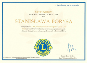 Uczeń naszej szkoły laureatem stypendium SCHOOL LEADER OF THE YEAR