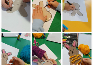 dzieci wykonują zajączki z kartonu i włóczki