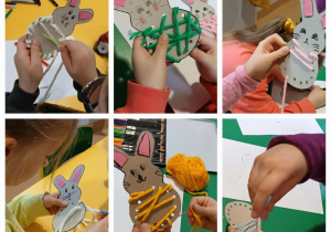 dzieci wykonują zajączki z kartonu i włóczki