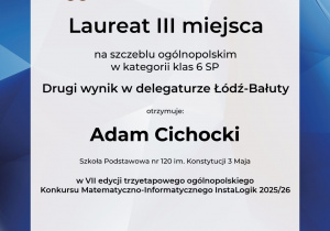 Sukces naszych uczniów w Ogólnopolskim Konkursie Matematyczno - Informatycznym INSTALOGIK