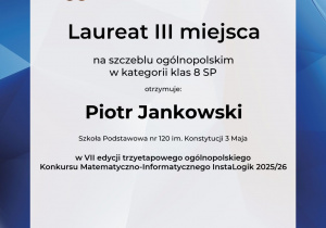 Sukces naszych uczniów w Ogólnopolskim Konkursie Matematyczno - Informatycznym INSTALOGIK
