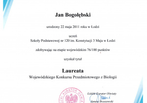 Uczeń klasy 8a, Jan Bogołębski, został laureatem Wojewódzkiego Konkursu Przedmiotowego z Biologii.