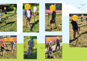 Uczniowie ćwiczą technikę marszu z kijkami trekkingowymi