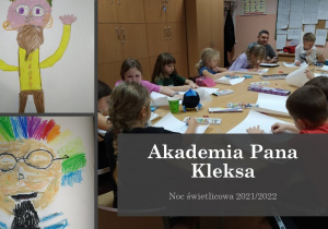 dzieci tworzą przy użyciu kredek i pasteli rysunek przedstawiający wizerunek Pana Kleksa zgodnie z usłyszanym opisem