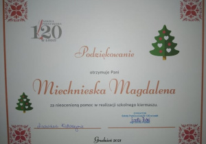 podziękowanie p. Miechnieska Magdalena