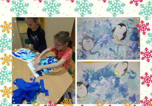 dzieci wykonują zimowe obrazki malując bibułą foto 1