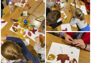 Dzieci tworzą kompozycje z liści.