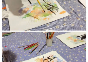 dzieci rysują kontury drzewa używają czarnej farby