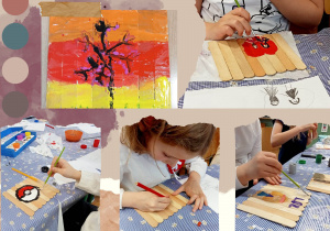 dzieci malują dowolną ilustrację na podłożu z drewnianych szpatułek foto 1