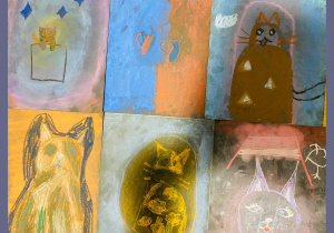 zdjęcie prac dzieci koty malowane suchymi pastelami foto 2