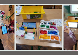 Dzieci w małych zespołach budujące z klocków Lego.