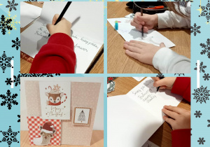 dzieci piszą życzenia w wykonanych przez siebie kartkach