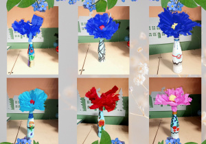kwiaty z bibuły w wazonie z butelki foto 2