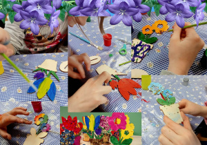 dzieci malują kwiaty ze sklejki farbami