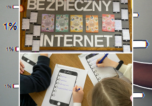 Plakat „Bezpieczny Internet. Uczniowie zapisujący zasady poruszania się w internecie.