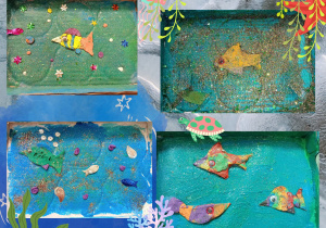 ryby na kartonie wyklejane plasteliną w kartonowym pudełku tworząc wizję jeziora foto 2