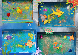 ryby na kartonie wyklejane plasteliną w kartonowym pudełku tworząc wizję jeziora foto 3