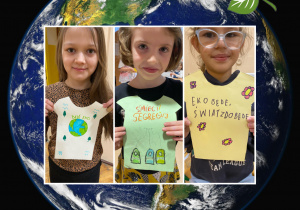 Dzieci prezentują papierowe proekologiczne koszulki.