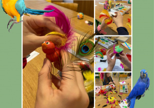Dzieci wykonują ptaki z plasteliny i kolorowych piórek