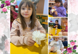 Dzieci wykonują kwiaty z papieru.