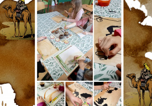 dzieci malują kartkę roztworem kawy i przyklejają elementy karawany - wielbłądy i ludzie
