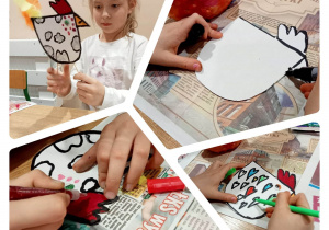 dzieci malują kartonowy szablon kury
