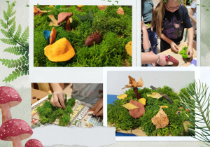 leśne runo - praca plastyczna z użyciem mchu, plasteliny, jesiennych liści i patyczków foto3
