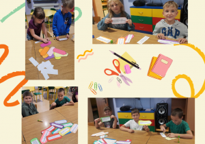 dzieci przyklejają na kolorowe kredki z papieru wypracowane zasady obowiązujące w świetlicy