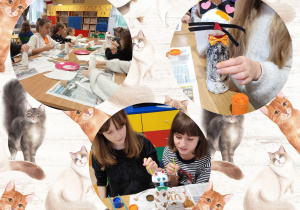 dzieci oklejają butelkę ręcznikiem papierowym i malują wyschnięty podkład farbami plakatowymi foto 2