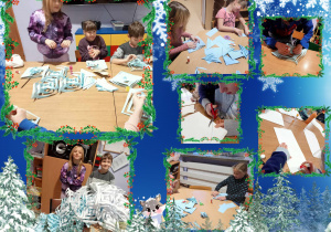 dzieci przygotowują zimową dekorację, wycinając gwiazdy z papieru