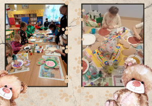 dzieci tworzą misia z papierowego talerzyka i tektury falistej i kolorują misie foto 2