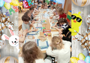 dzieci siedzą przy stole i tworzą kolorowe obrazy w szablonie jajka