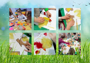 dzieci malują farbami i przyklejają piórka do szablonu kurki