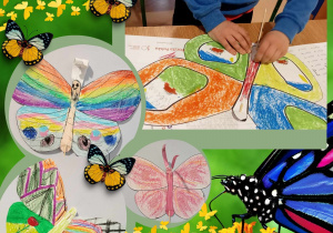 dzieci kolorują pastelami duży szablon motyla foto1