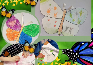 dzieci kolorują pastelami duży szablon motyla foto2