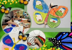 dzieci kolorują pastelami duży szablon motyla foto3