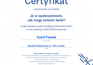 certyfikat Ja w społeczeństwie dla pana Kamila Pawlaka